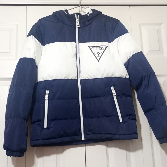 Guess Jackets & Coats Colorblock Hooded Puffer Jacket Mens Navy And